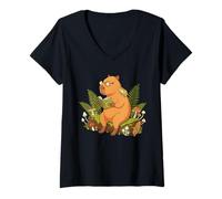 Womens Cottagecore Capybara Reading Herbology Book Goblincore Frog V-Neck T-Shirt