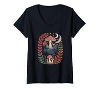 Women's Cottagecore Chicken Sleeping Under A Magical Forest Fungi V-Neck T-Shirt