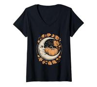 Womens Cottagecore Crescent Moon with Pumpkins and Autumn Leaves V-Neck T-Shirt