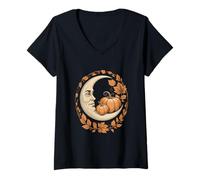 Womens Cottagecore Crescent Moon with Pumpkins Autumn Leaves V-Neck T-Shirt