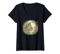 Women's Cottagecore Fairytale Forest Cottage Bunny Dreamscape V-Neck T-Shirt