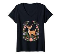 Womens Cottagecore Floral Deer Wreath Woodland Nature V-Neck T-Shirt