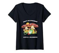 Womens Cottagecore Frog Don't Be Stressin Life's a Blessing V-Neck T-Shirt