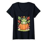 Womens Cottagecore Frog On Pumpkin with Autumn Leaves V-Neck T-Shirt