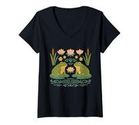 Womens Cottagecore Frog Tee Folk Floral Pattern Cute Frogs Graphic V-Neck T-Shirt