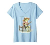 Women's Cottagecore Frog with Banjo Slow Days Spring Summer Autumn V-Neck T-Shirt