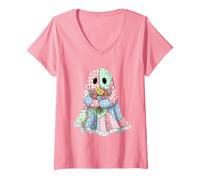 Womens Cottagecore Ghost Cute Pastel Goth Halloween Floral Pink V-Neck T-Shirt