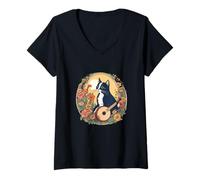 Womens Cottagecore | Goblincore | Cat | Sun | Flowers V-Neck T-Shirt
