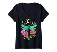 Womens Cottagecore Goblincore Moonphases Flowers Dragonfly V-Neck T-Shirt