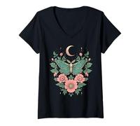 Womens Cottagecore Goblincore Moonphases Pink Flower Butterfly Moth V-Neck T-Shirt