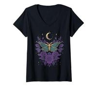 Womens Cottagecore Goblincore Moonphases Pruple Flowers Butterfly V-Neck T-Shirt