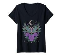 Womens Cottagecore Goblincore Moonphases Purple Flower Butterfly V-Neck T-Shirt