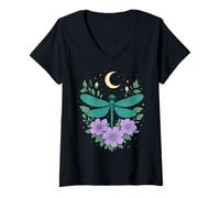 Womens Cottagecore Goblincore Moonphases Purple Flowers Dragonfly V-Neck T-Shirt