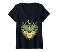 Womens Cottagecore Goblincore Moonphases Yellow Flowers Butterfly V-Neck T-Shirt