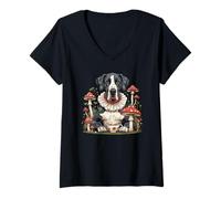 Womens Cottagecore Great Dane Dog Drinking Tea Mushrooms Fantasy V-Neck T-Shirt