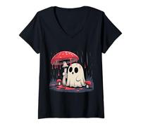Womens Cottagecore Halloween Shirt Ghost Mushroom Spooky V-Neck T-Shirt