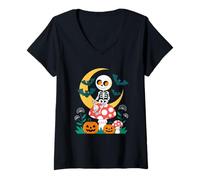 Womens Cottagecore Halloween Skeleton on a Mushroom V-Neck T-Shirt