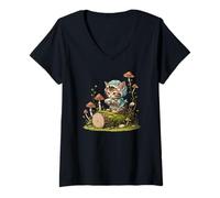 Womens Cottagecore Kitten Drinking Tea Fantasy Magical Cat Lover V-Neck T-Shirt