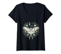Womens Cottagecore Luna Moth Moon Night Botanical Floral V-Neck T-Shirt