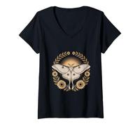 Womens Cottagecore Luna Moth Sunflower Wreath Sunburst V-Neck T-Shirt