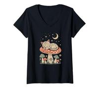 Women's Cottagecore Magic Toadstool with A Cute Sleepy Orange Cat V-Neck T-Shirt