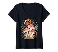 Womens Cottagecore Mushrooms Floral Flowers Frog Women Girls Bloom V-Neck T-Shirt