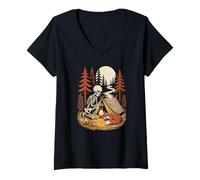 Women's Cottagecore Skeleton Camper Roasting Marshmallows by fire V-Neck T-Shirt