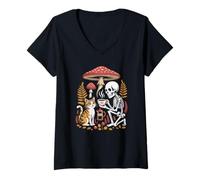 Women's Cottagecore Skeleton Having Tea with a Cute Tabby Companion V-Neck T-Shirt