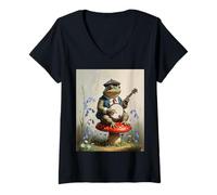 Womens Cottagecore Toad Toadstool Playing The Banjo Mushroom Nature V-Neck T-Shirt