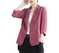 Women's Cotton and Linen Blazer Spring and Summer Loose Casual Single-Color Lapel Long-Sleeved Buckle Thin Jacket (Purple-Red,XL)