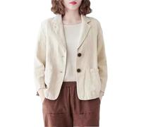 Women's Cotton and Linen Blazer Spring and Summer Loose Casual Single-Color Lapel Long-Sleeved Buckle Thin Jacket (Beige,L)