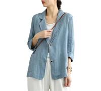 Women's Cotton and Linen Blazer Spring and Summer Loose Casual Single-Color Lapel Long-Sleeved Buckle Thin Jacket (Blue,L)