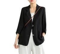 Women's Cotton and Linen Blazer Spring and Summer Loose Casual Single-Color Lapel Long-Sleeved Buckle Thin Jacket (Black,XL)