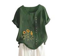 Women's Cotton and Linen Loose Fit Casual Sunflower Floral Print Short Sleeve Button Up Top Women Stripe Shirt