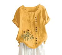 Women's Cotton and Linen Loose Fit Casual Sunflower Floral Print Short Sleeve Button Up Top Women Stripe Shirt