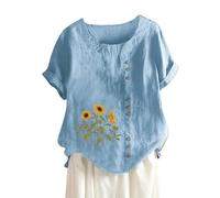 Women's Cotton and Linen Loose Fit Casual Sunflower Floral Print Short Sleeve Button Up Top Women Stripe Shirt