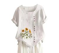 Women's Cotton and Linen Loose Fit Casual Sunflower Floral Print Short Sleeve Button Up Top Women Stripe Shirt