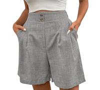 Women's Cotton and Linen Shorts Womens Linen Shorts UK Elasticated High Waist Solid Summer Bermuda with Pockets Lightweight Loose Hot Pants Dressy Wide Leg Daily Work Short Trousers Light Ashy