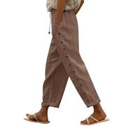 Women's Cotton and Linen Solid Color Elastic Waistband Trousers with Pockets Side Buttons Nine Quarter Trousers Loose Casual Trousers Womens Work Pants Tall (Coffee, M)