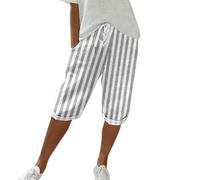 Women's Cotton and Linen Striped Casual Pants with Pockets, Elastic Waist High Waisted, Comfortable and Breathable, Stylish Knee Length for Summer, Relaxed Everyday Wear Loungewear Black