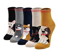 Womens Cotton Animal Socks Novelty Cartoon Dog Cat Socks Ladies Cute Fast Food Pizza Pattern Mini Crew Socks Funny for Girls Ladies 5 Pairs (Women shoes size UK 4-9, MX4-Dogs)