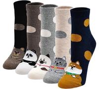Womens Cotton Animal Socks Novelty Cartoon Dog Cat Socks Ladies Cute Fast Food Pizza Pattern Mini Crew Socks Funny for Girls Ladies 5 Pairs,4-9,Dogs and Points