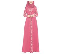 Women's Cotton Arab Lace Jilbab Kaftan Abaya Stitching Maxi Muslim Flare Dress (Pink, XL)