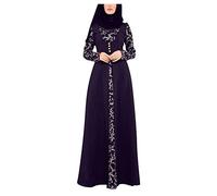 Women's Cotton Arab Lace Jilbab Kaftan Abaya Stitching Maxi Muslim Flare Dress (Purple, L)
