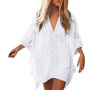 Women's Cotton Beach Blouse - Beach Tunic Large Sizes, Cotton and Lace Blouse Beach Swimsuit Beach Dress Bikini Cover Up Beach Poncho Summer Beach Cover Up Shirt, White, One Size