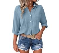 Women's Cotton Button Up Shirt with Rolled Sleeves and 7 Inch Sleeves Women's Summer Casual V Neck Beach Cotton Top Women Petite Shirts (Light Blue, M)