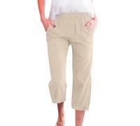 Womens Cotton Capri Pants, Linen Capri Pants For Women, Solid Color Straight Cropped Trousers, Loose Elastic Waist Cropped Trouser With Pockets Comfy Summer Lounge Shorts Daily Wear