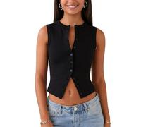 Women's Cotton Cropped Vest - Sexy Ribbed Button Down Sleeveless Top, Slim Fit Summer Going Out Wear for Party & Date Night (UK, Alpha, L, Regular, Regular, Black)