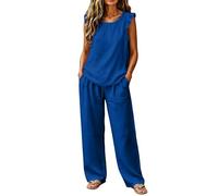 Womens Cotton Cute Two Piece Set Sleeveless Fly Ruffle Sleeve Co Ord Oversized Straight Leg Pocket Trousers Solid Colour Womens Loose Fit Tracksuits 2 Piece Set Effortless Chic Outfits Trendy 2026