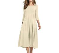 Womens Cotton Dress Women's Fashion Casual Solid Dress Round Neck Long Sleeve Mid Calf Swing Dress Ruffle Maxi Dress Beige
